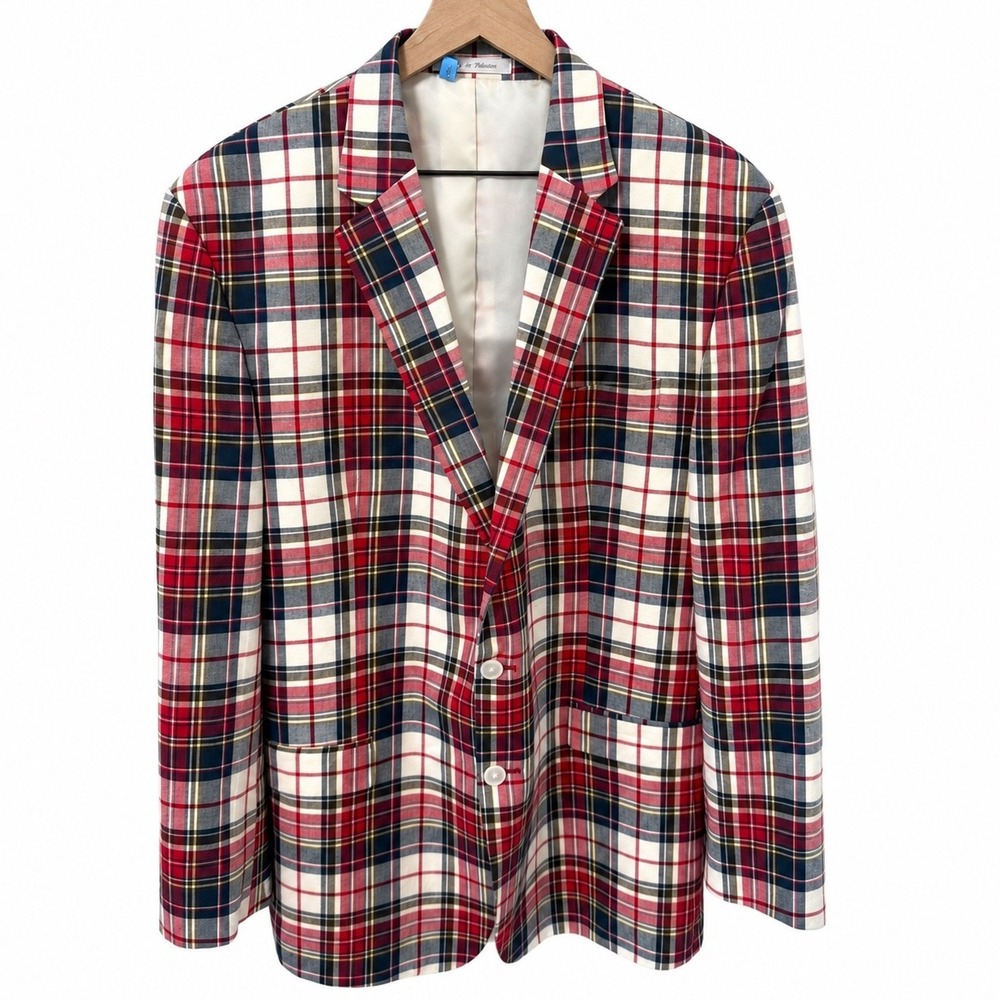 Chaps Men's Sport Coat Blazer Red White Navy Yellow Size 46L Plaid